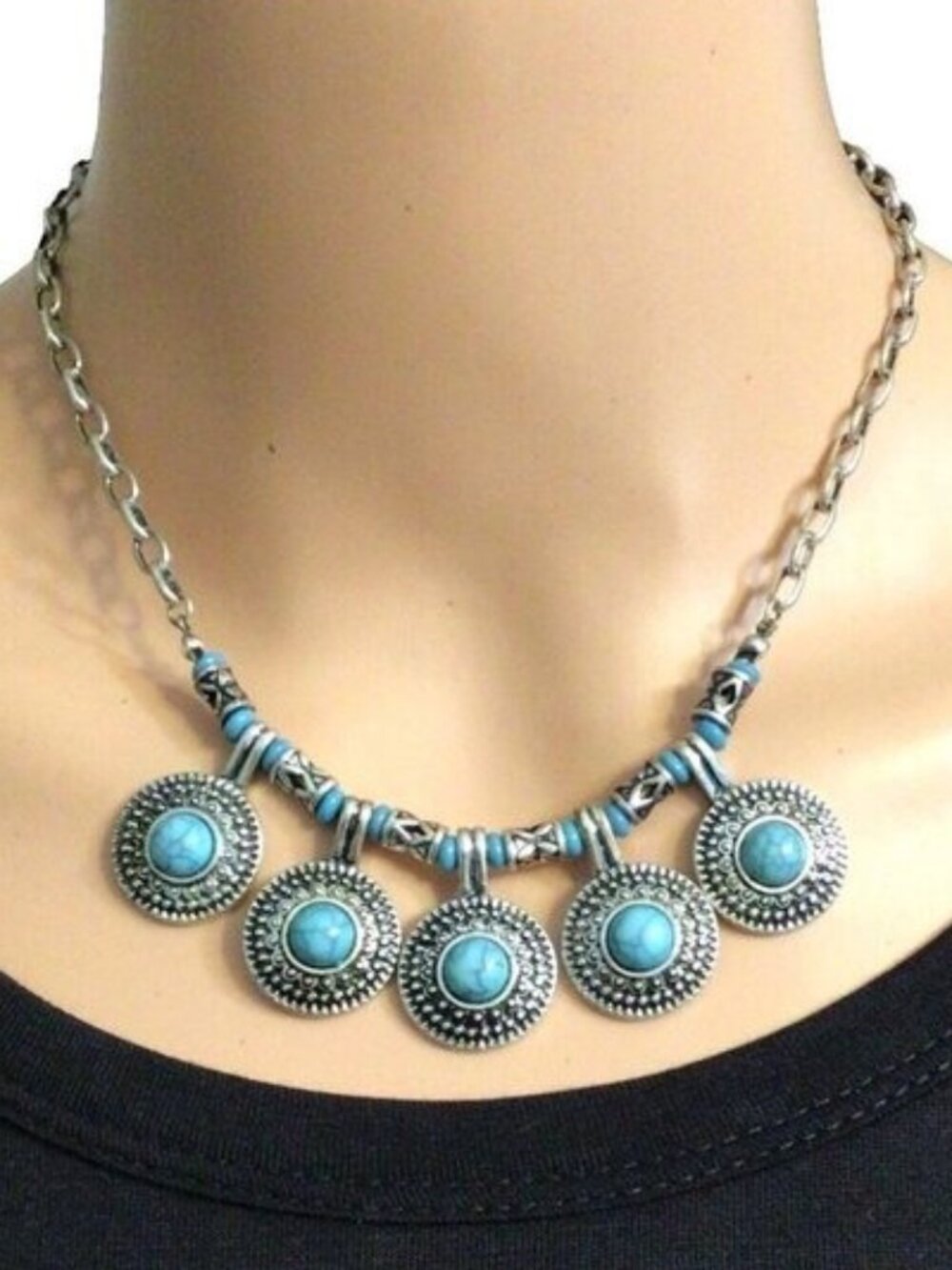 Lydell NYC Statement Necklace Turqoise Blue Silver Tone Boho Style Adjustable